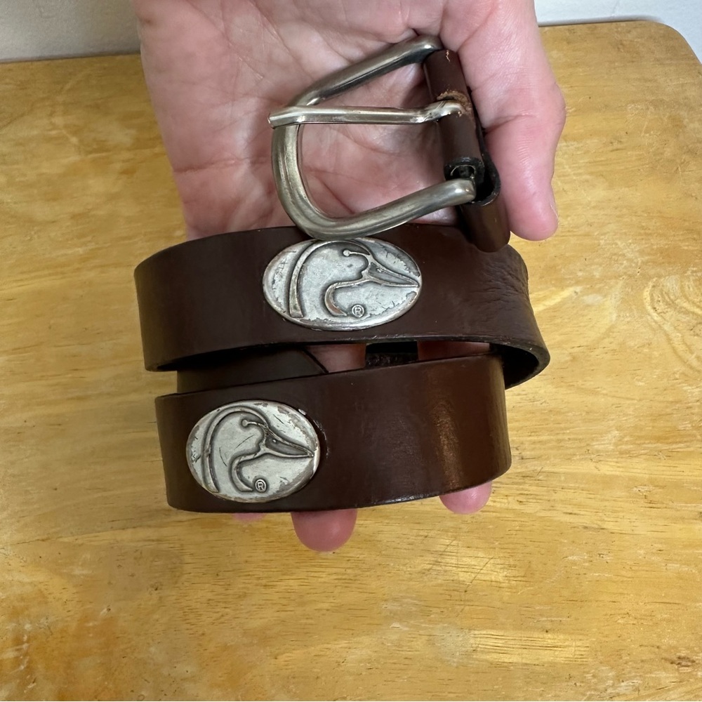 Genuine Leather Men’s Belt 35” Brown Silver Duck Head Medallions Western Hunting